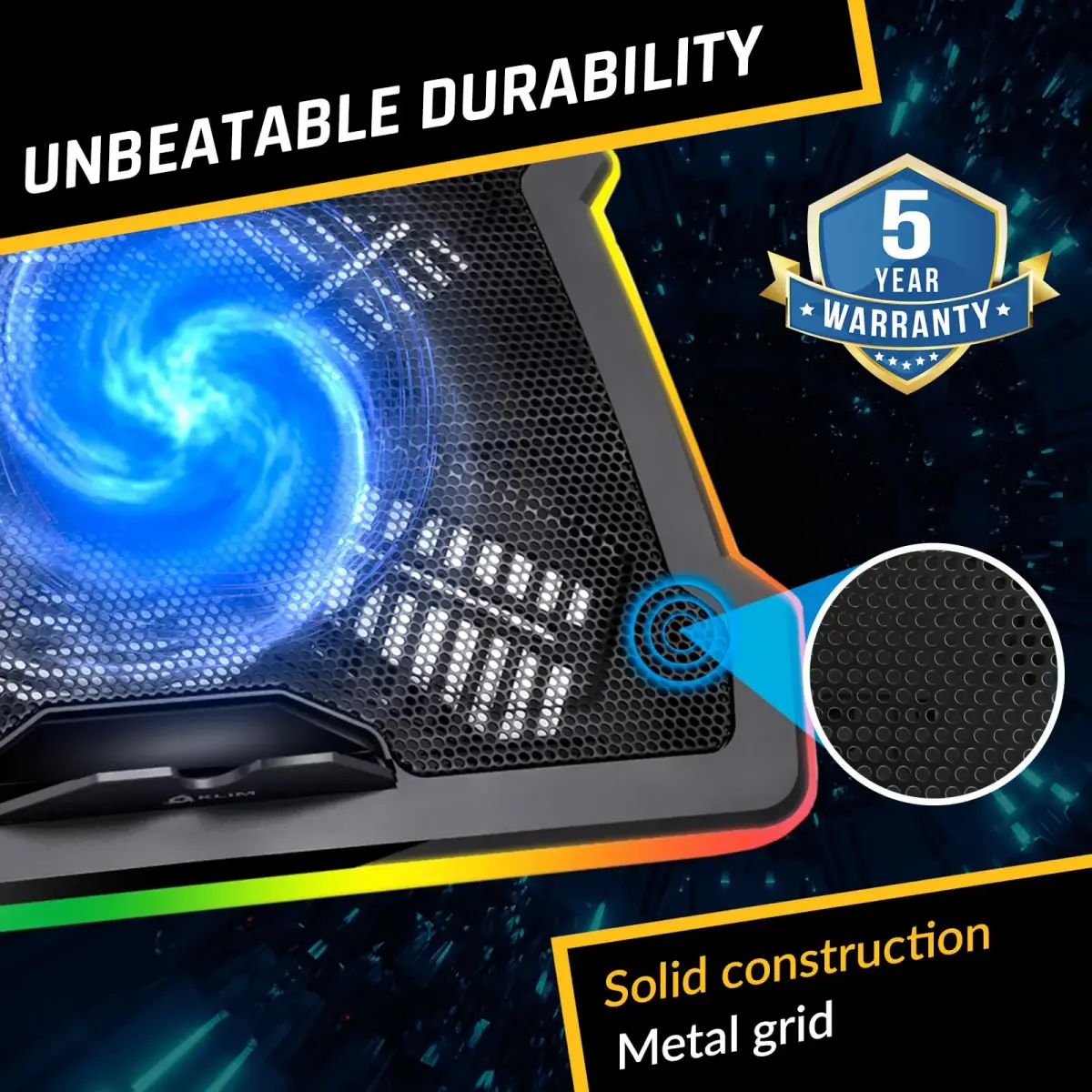 KLIM Ultimate RGB Laptop Cooling Pad with LED Rim | 42.5cm (16.7") x 31.5cm (12.4") Black Cooling Stand - view 7