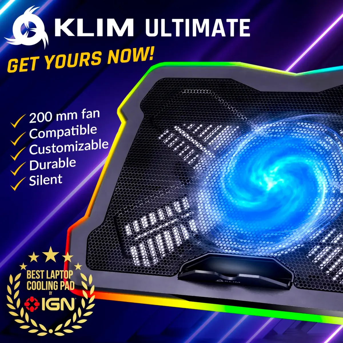 KLIM Ultimate RGB Laptop Cooling Pad with LED Rim | 42.5cm (16.7") x 31.5cm (12.4") Black Cooling Stand - view 2