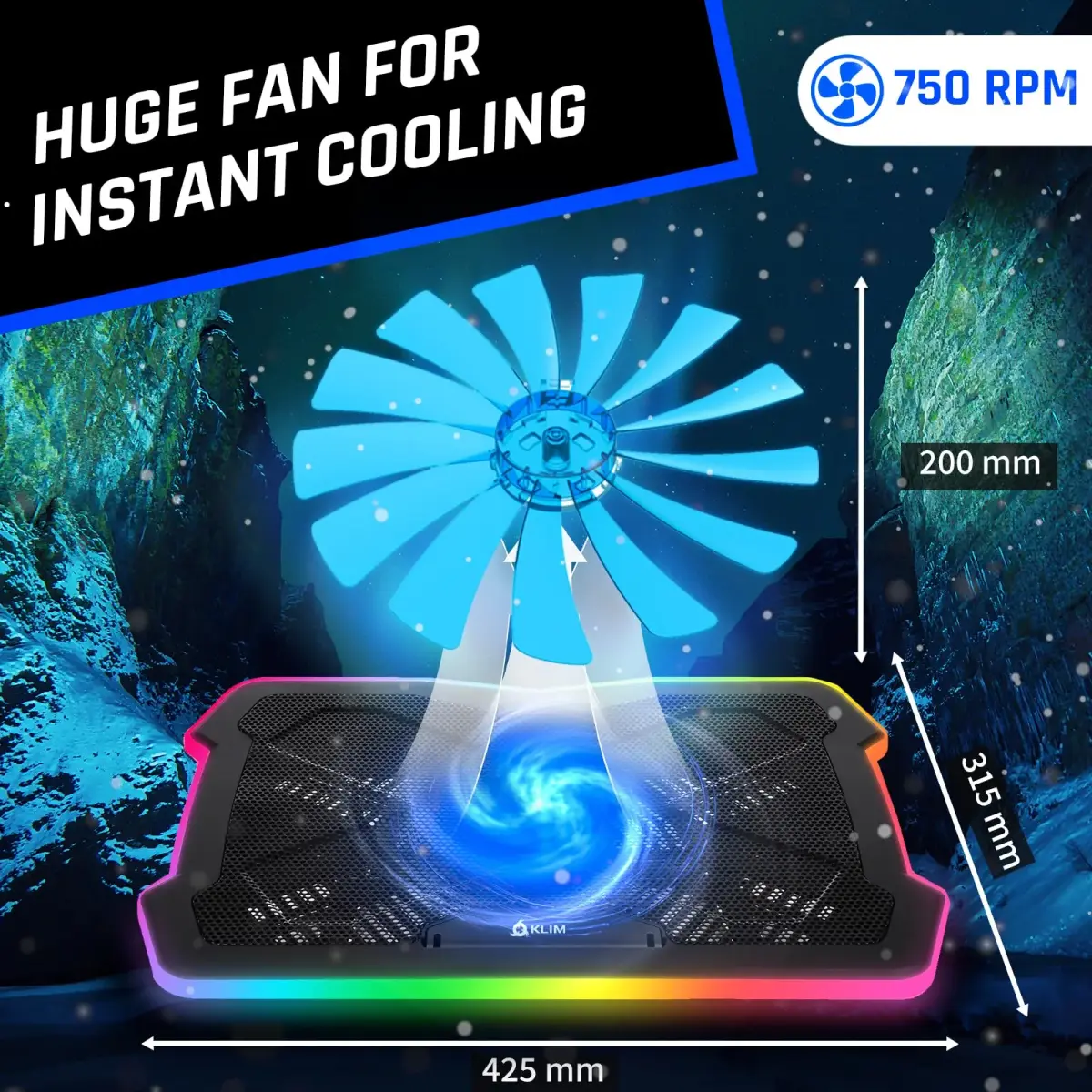 KLIM Ultimate RGB Laptop Cooling Pad with LED Rim | 42.5cm (16.7") x 31.5cm (12.4") Black Cooling Stand - view 3
