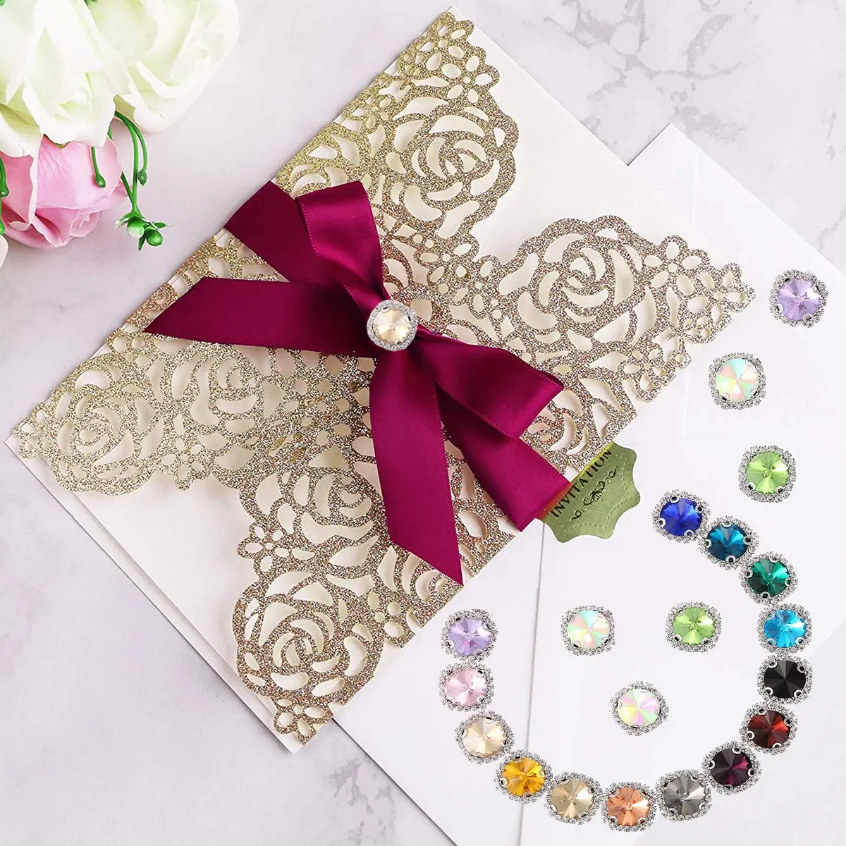 Jyukan Flat Back Rhinestones Buttons 14mm | Sew On Crystals for Clothing & Wedding (20pcs) White - view 9