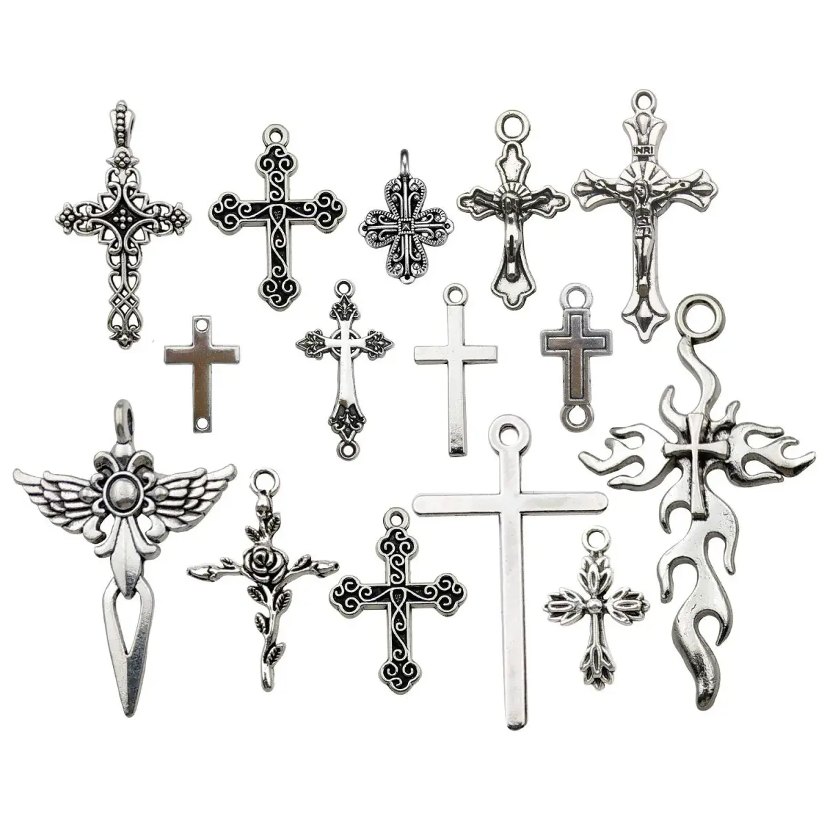 iloveDIYbeads Antique Silver Jesus Christ Cross Charms Pendants 100g (42pcs) | Lead & Nickel Free Zinc Alloy for Jewelry Making - main product image