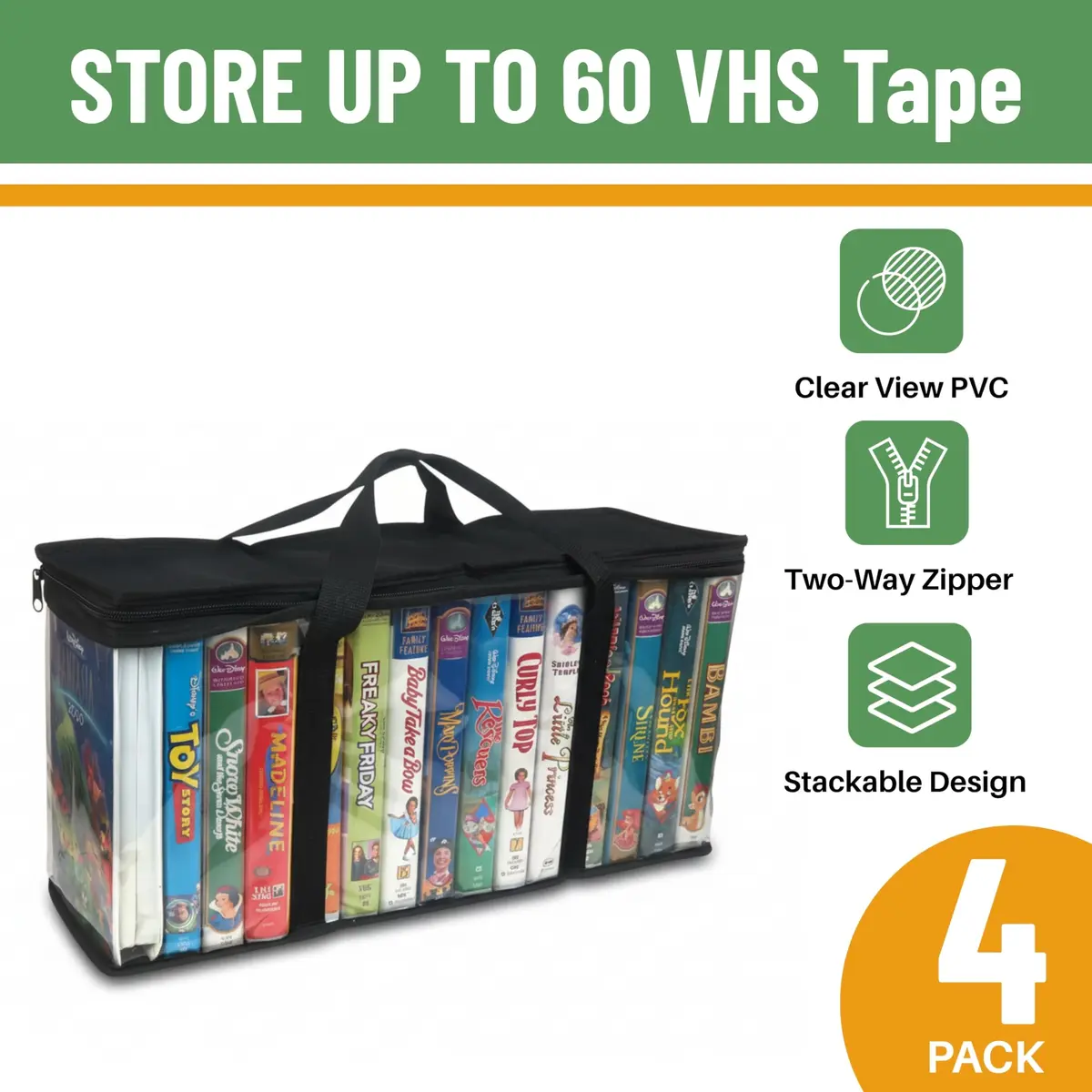 Evelots VHS Storage Bags, 4 Pack, Holds 60 VHS Tapes | Portable Polyester & PVC Movie Organizer - view 2