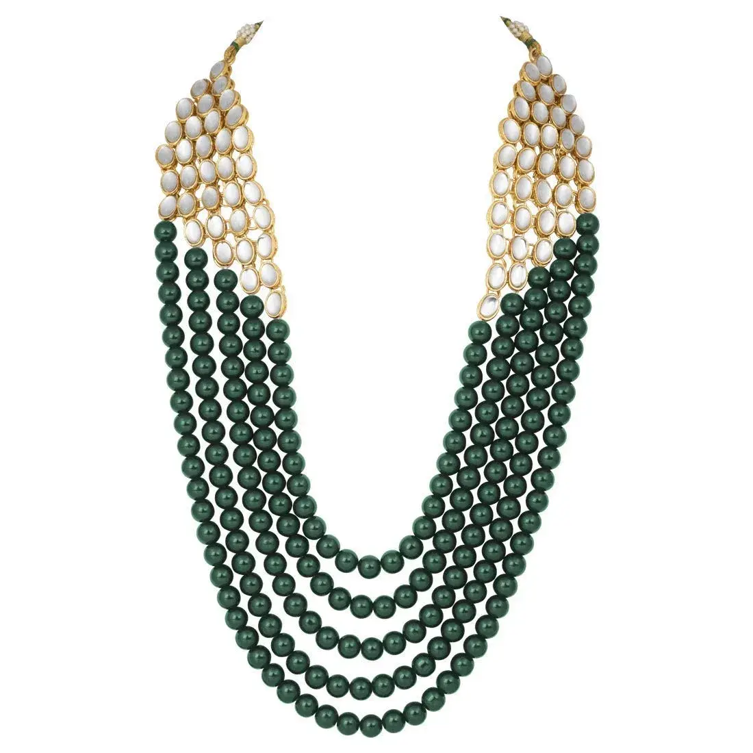 I Jewels White 5 Layer Faux Mother-of-Pearl and Kundan Rani Jewelry Set with Earrings for Women (Green) | Traditional Party Wear - view 2