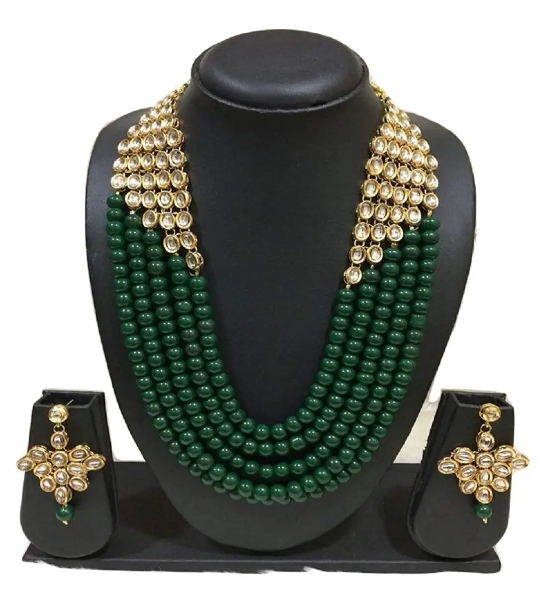 I Jewels White 5 Layer Faux Mother-of-Pearl and Kundan Rani Jewelry Set with Earrings for Women (Green) | Traditional Party Wear - view 3