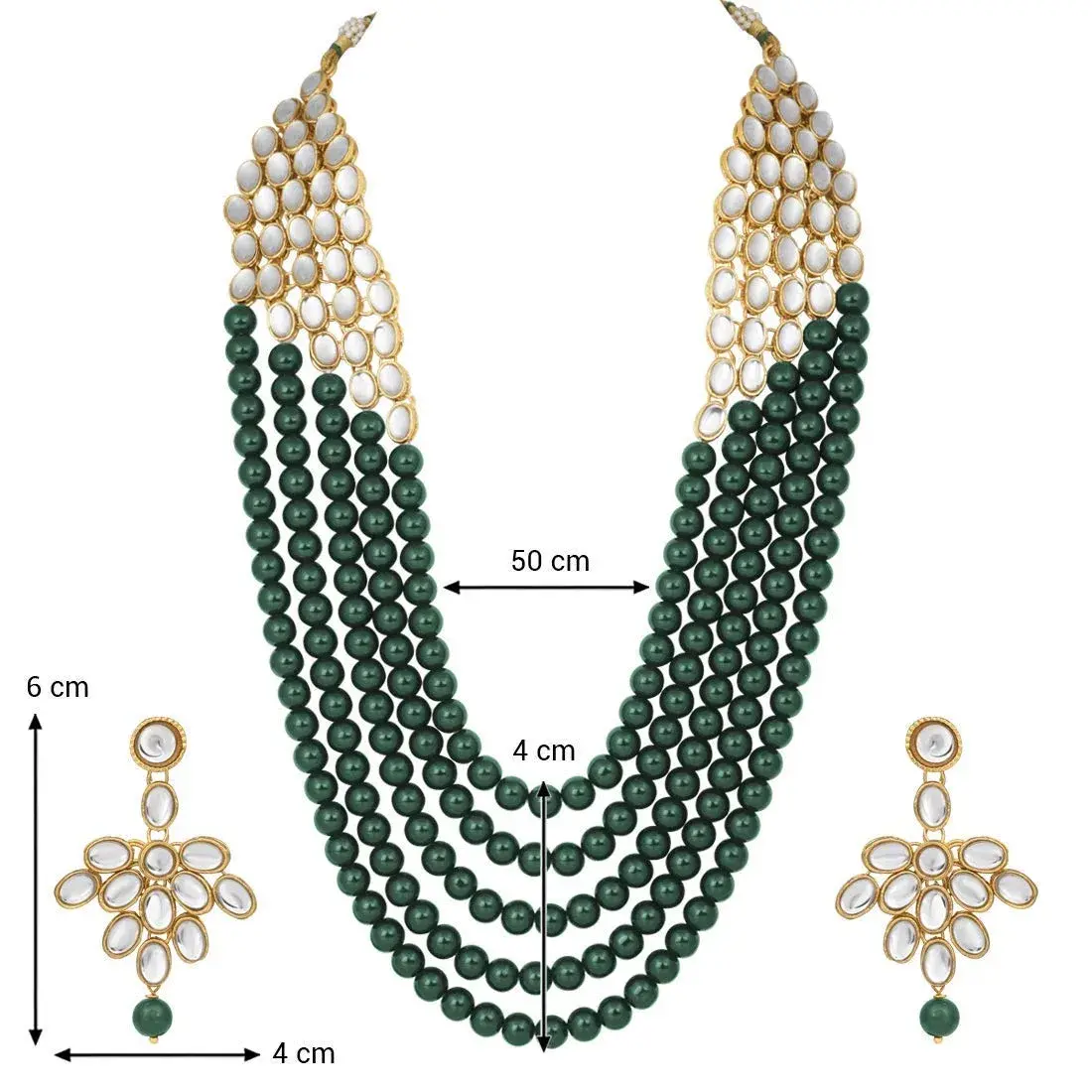 I Jewels White 5 Layer Faux Mother-of-Pearl and Kundan Rani Jewelry Set with Earrings for Women (Green) | Traditional Party Wear - view 4