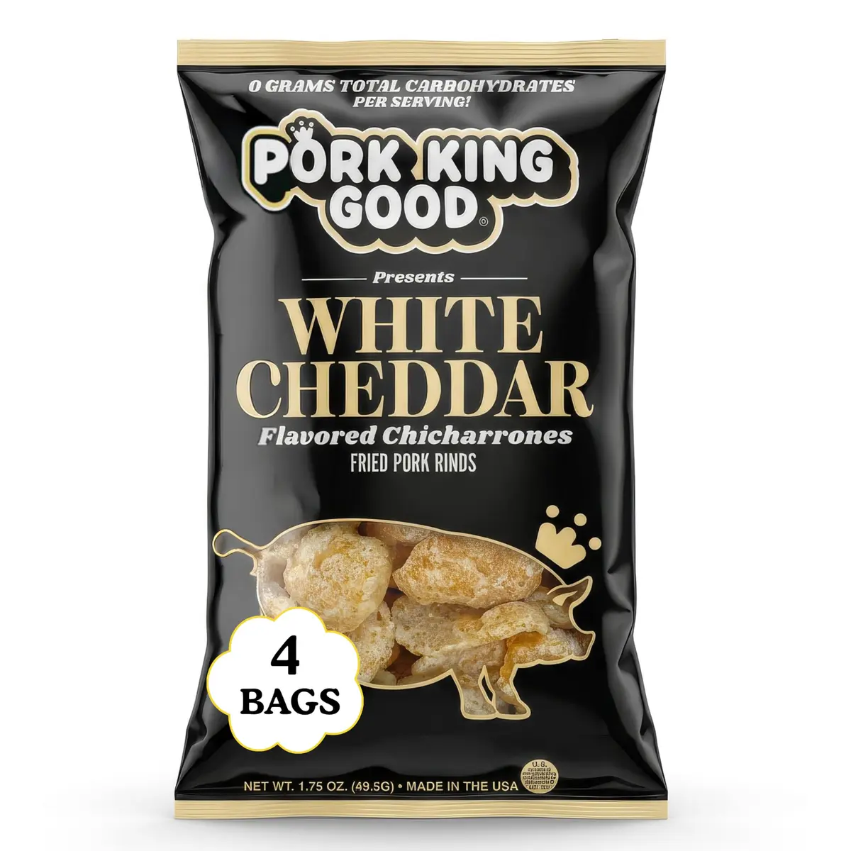 Pork King Good Pork Rinds (Chicharrones), White Cheddar, 4 Pack | Low-Carb, High Protein Snack in India - main product image