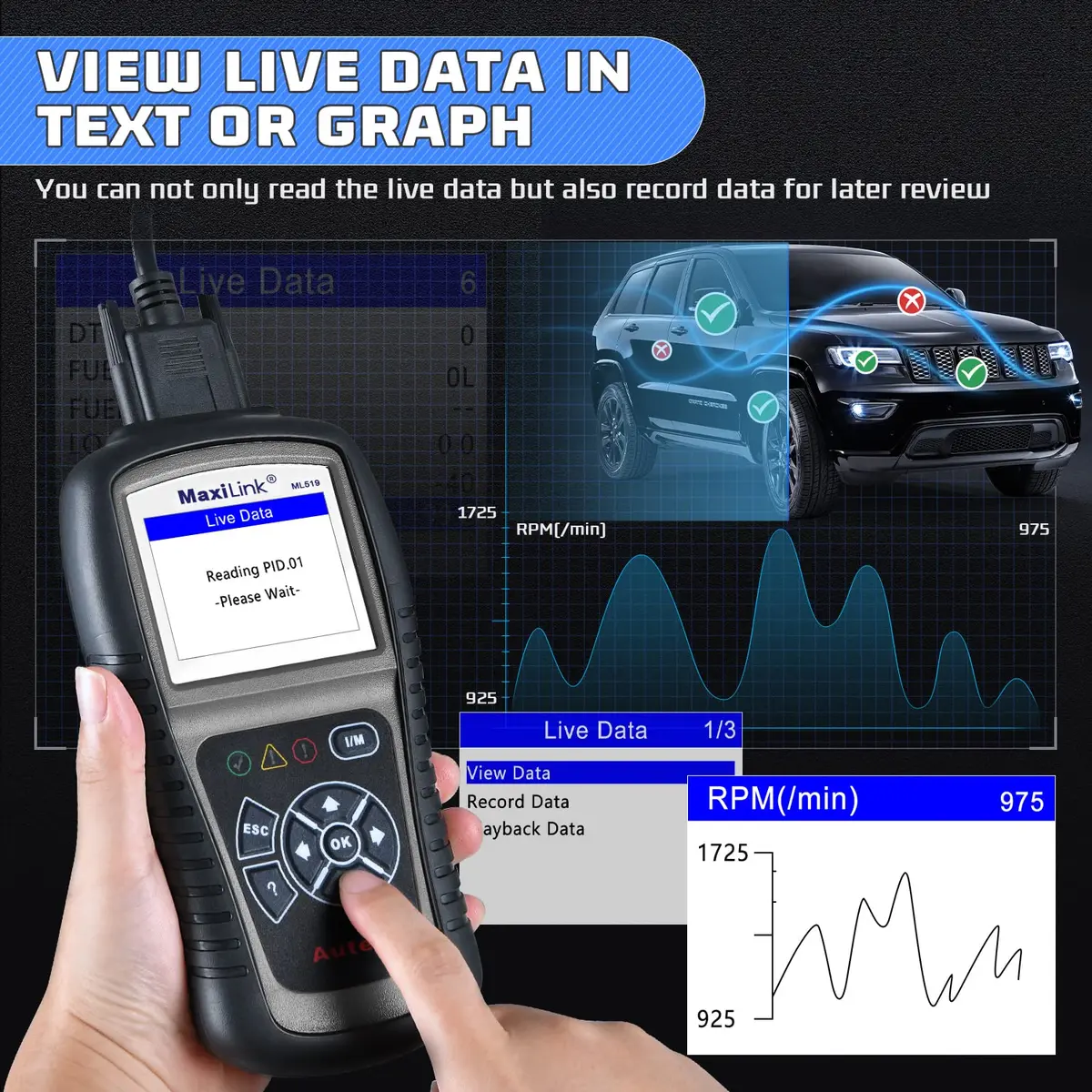 Autel MaxiLink ML519 Enhanced Universal OBD2 Scanner Car Diagnostic Tool | Full OBDII Functions with Live Data & Code Lookup - view 4