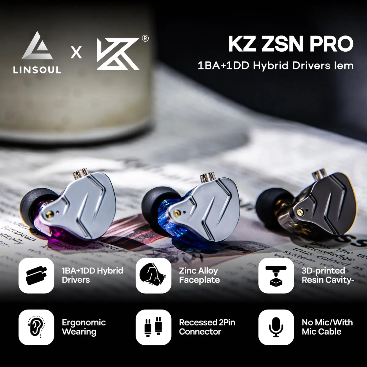 Linsoul KZ ZSN Pro Dual Driver In-Ear Monitor 1BA+1DD | Hybrid Metal HiFi Earphones with Detachable Cable - view 2