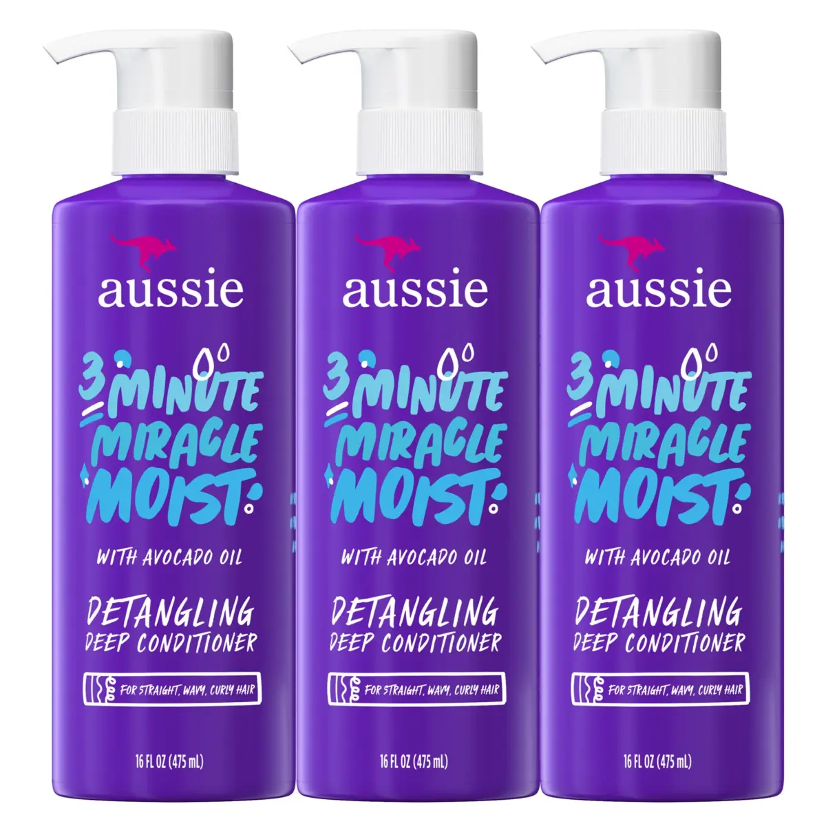Aussie 3 Minute Miracle Moist Deep Conditioner Triple Pack | 492ml (16 Fl Oz Each) for Dry, Curly, Color-Treated Hair - main product image
