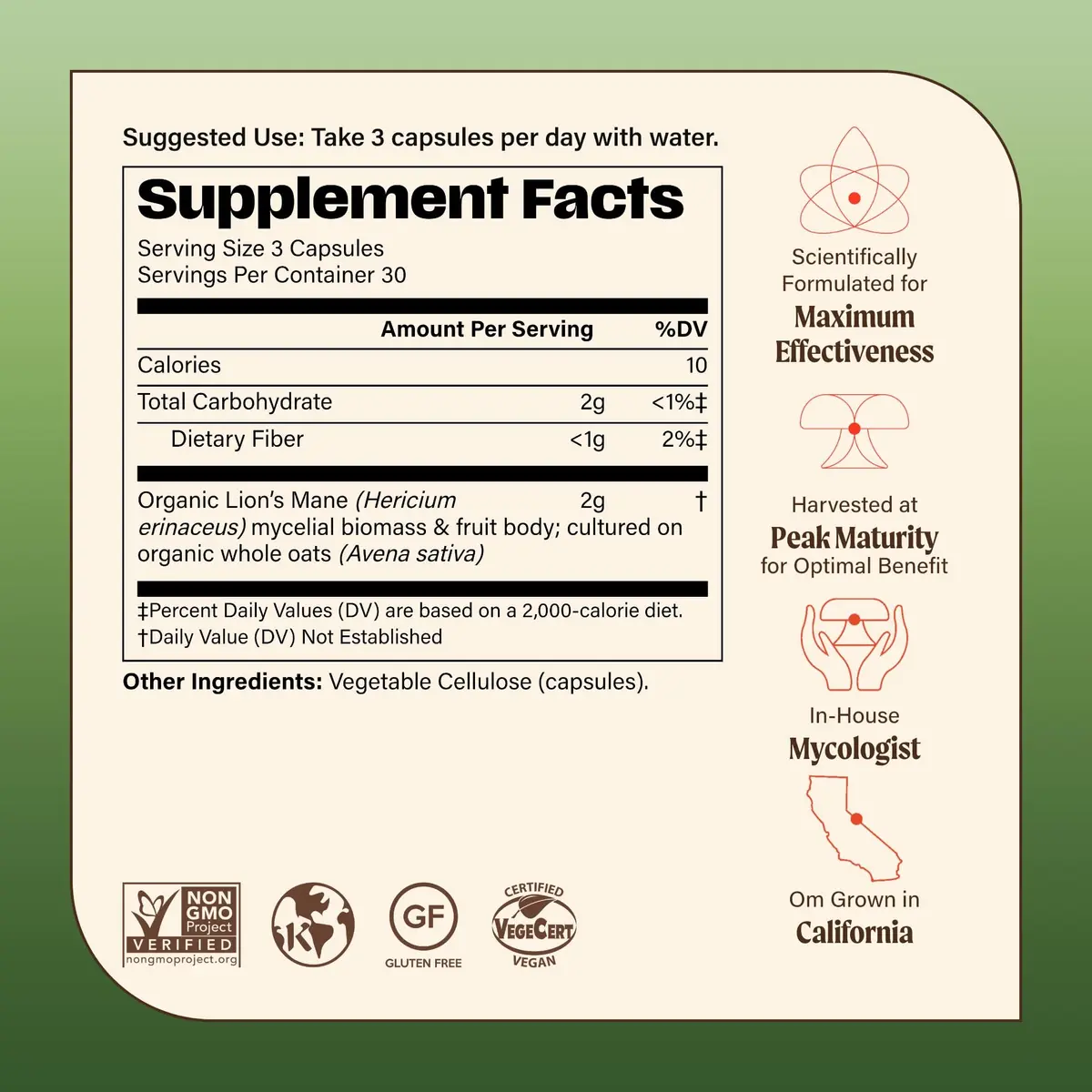 OM MUSHROOM SUPERFOOD Lion’s Mane Mushroom Capsules - Organic Brain Support, 90 Count (30 Servings) in USA - view 8
