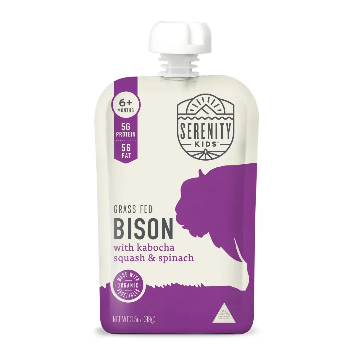 Serenity Kids 6+ Months Baby Food Pouches Puree Made With Ethically Sourced Meats & Organic Veggies | 3.5 Ounce BPA-Free Pouch | Grass Fed Bison, Kabocha Squash, Spinach - main product image