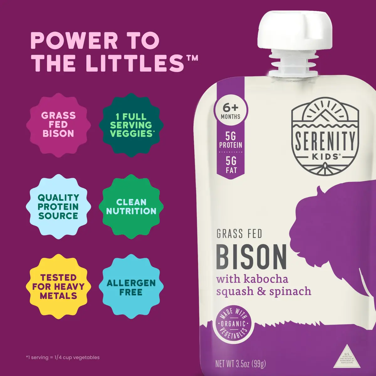 Serenity Kids 6+ Months Baby Food Pouches Puree Made With Ethically Sourced Meats & Organic Veggies | 3.5 Ounce BPA-Free Pouch | Grass Fed Bison, Kabocha Squash, Spinach - view 4