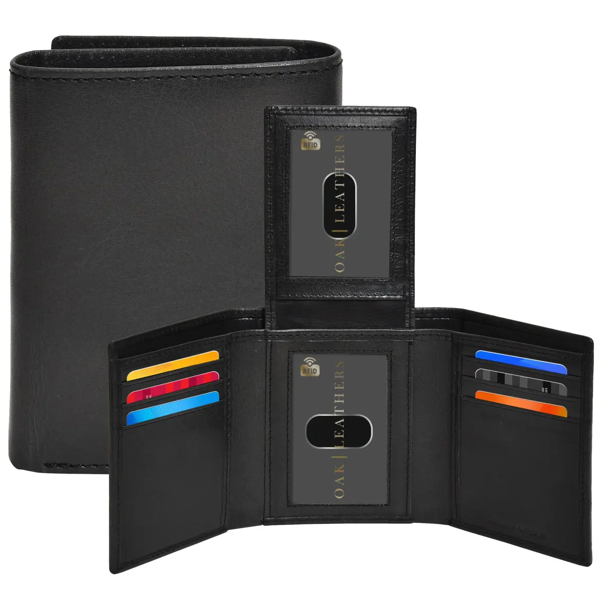 Oak Leathers Classic Black Trifold Wallet with RFID Blocking and ID Window - main product image
