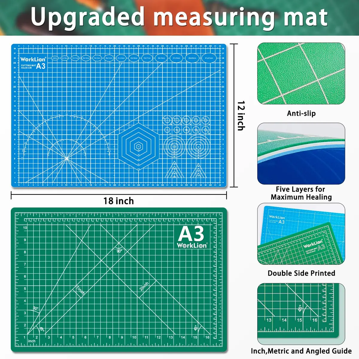 WORKLION 12" x 18" Self Healing PVC Cutting Mat, Double Sided, Gridded Rotary Cutting Board for Craft, Fabric, Quilting, Sewing, Scrapbooking - view 5