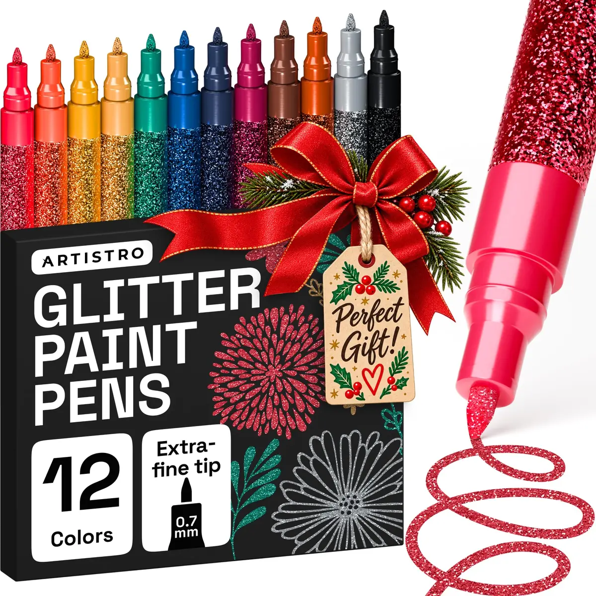 ARTISTRO Glitter Paint Pens for Glass Marking - Extra-Fine Tip | Vibrant, Water-Resistant Glitter Ink - main product image