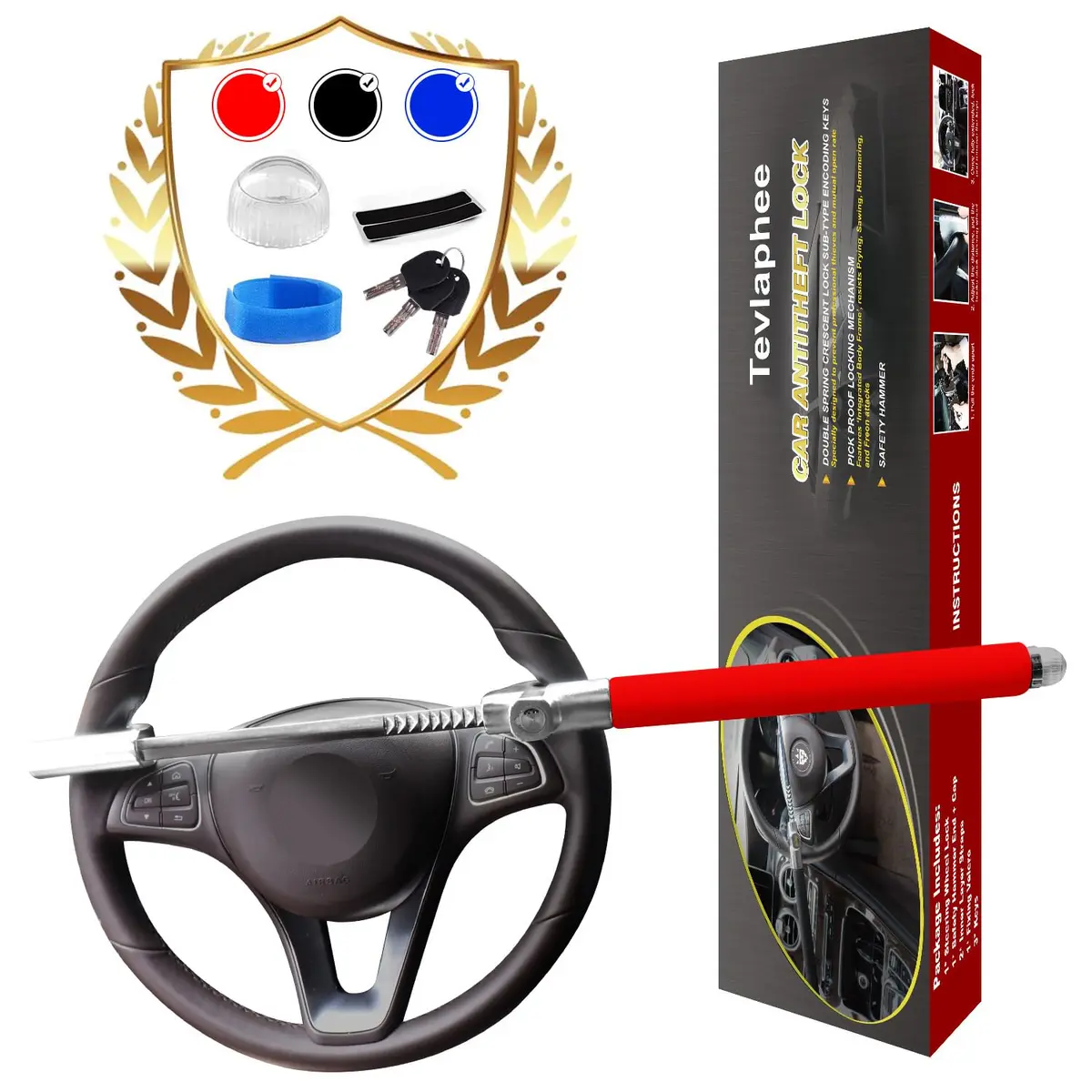 Tevlaphee Steering Wheel Lock for Cars, Heavy Duty, Adjustable Length, Universal Fit, Anti-Theft Device, Emergency Hammer, Window Breaker - main product image