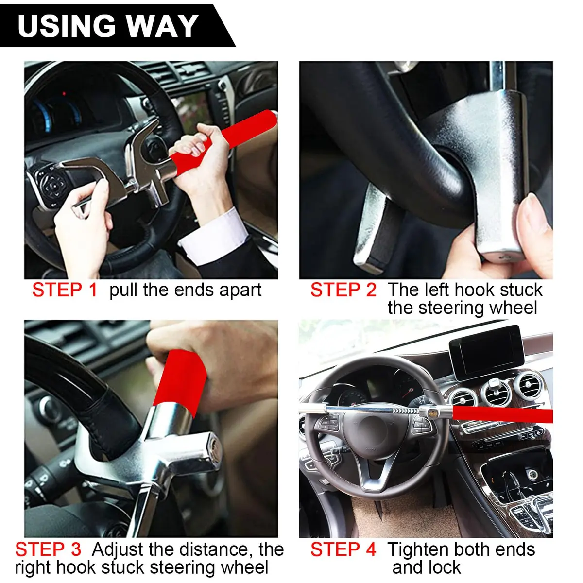 Tevlaphee Steering Wheel Lock for Cars, Heavy Duty, Adjustable Length, Universal Fit, Anti-Theft Device, Emergency Hammer, Window Breaker - view 5