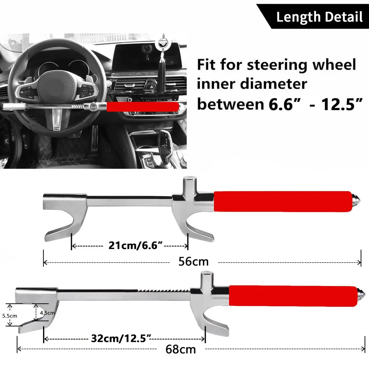 Tevlaphee Steering Wheel Lock for Cars, Heavy Duty, Adjustable Length, Universal Fit, Anti-Theft Device, Emergency Hammer, Window Breaker - view 2