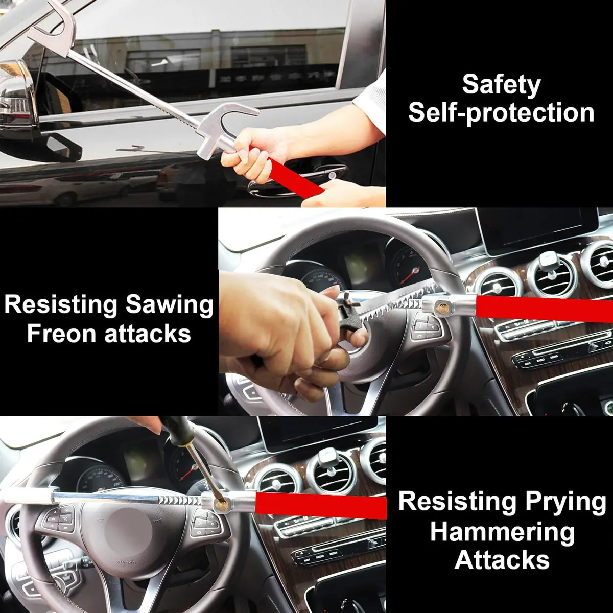 Tevlaphee Steering Wheel Lock for Cars, Heavy Duty, Adjustable Length, Universal Fit, Anti-Theft Device, Emergency Hammer, Window Breaker - view 4