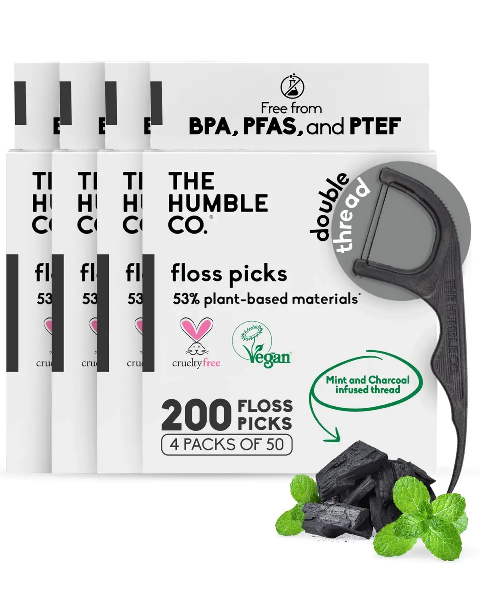 The Humble Co. Dental Floss Picks, Double Thread, Charcoal (200 Count) | Eco-Friendly, Vegan Oral Care - main product image
