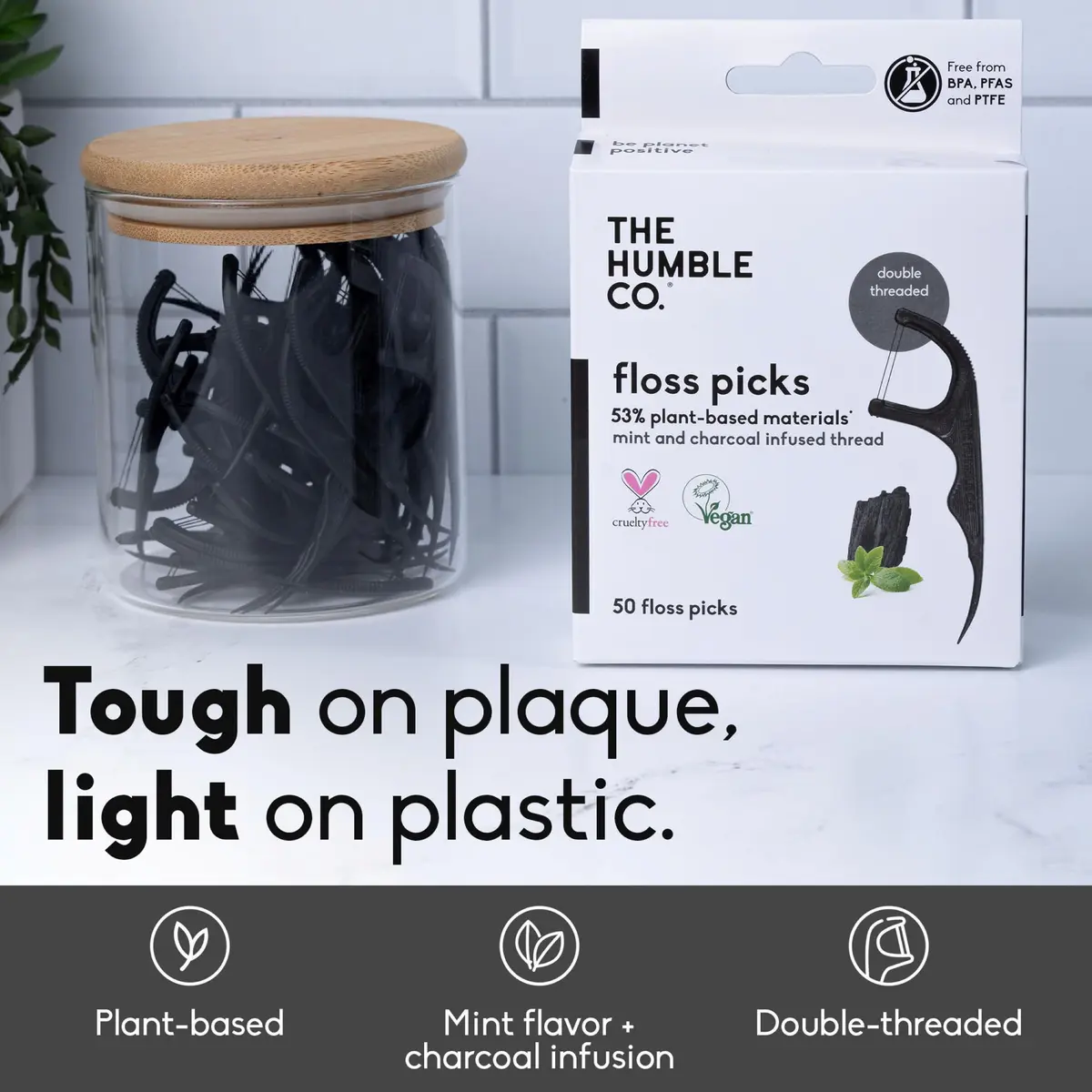The Humble Co. Dental Floss Picks, Double Thread, Charcoal (200 Count) | Eco-Friendly, Vegan Oral Care - view 2