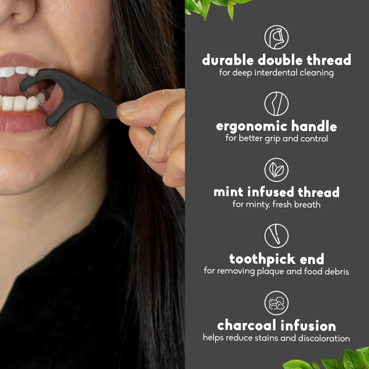 The Humble Co. Dental Floss Picks, Double Thread, Charcoal (200 Count) | Eco-Friendly, Vegan Oral Care - view 3