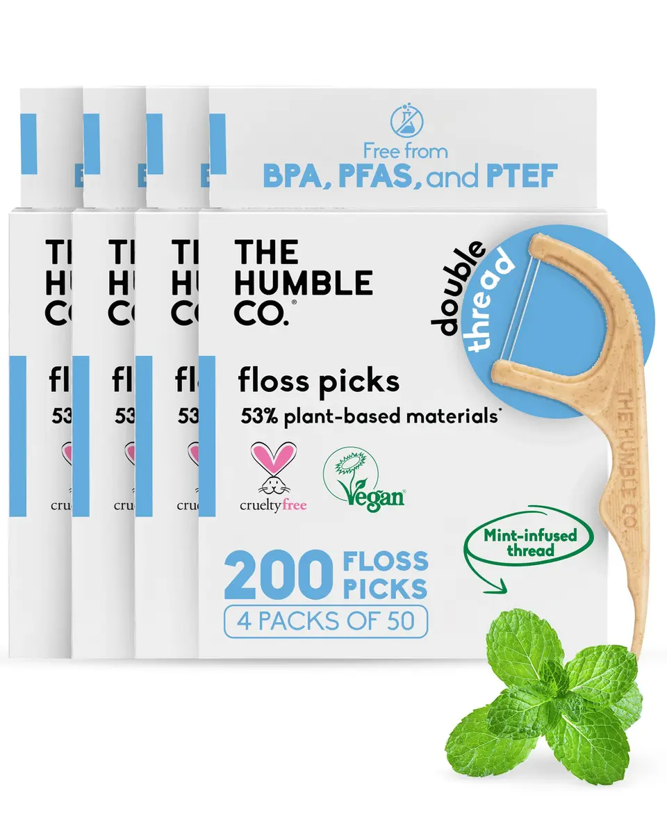The Humble Co. Mint Dental Floss Picks Double Thread 200 Count | Dentist-Designed, Plant-Based Materials - main product image