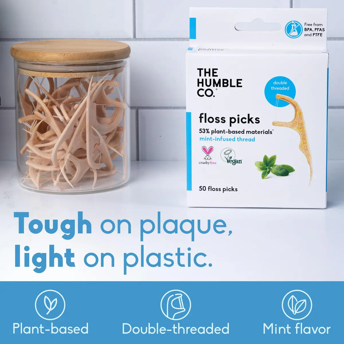 The Humble Co. Mint Dental Floss Picks Double Thread 200 Count | Dentist-Designed, Plant-Based Materials - view 2