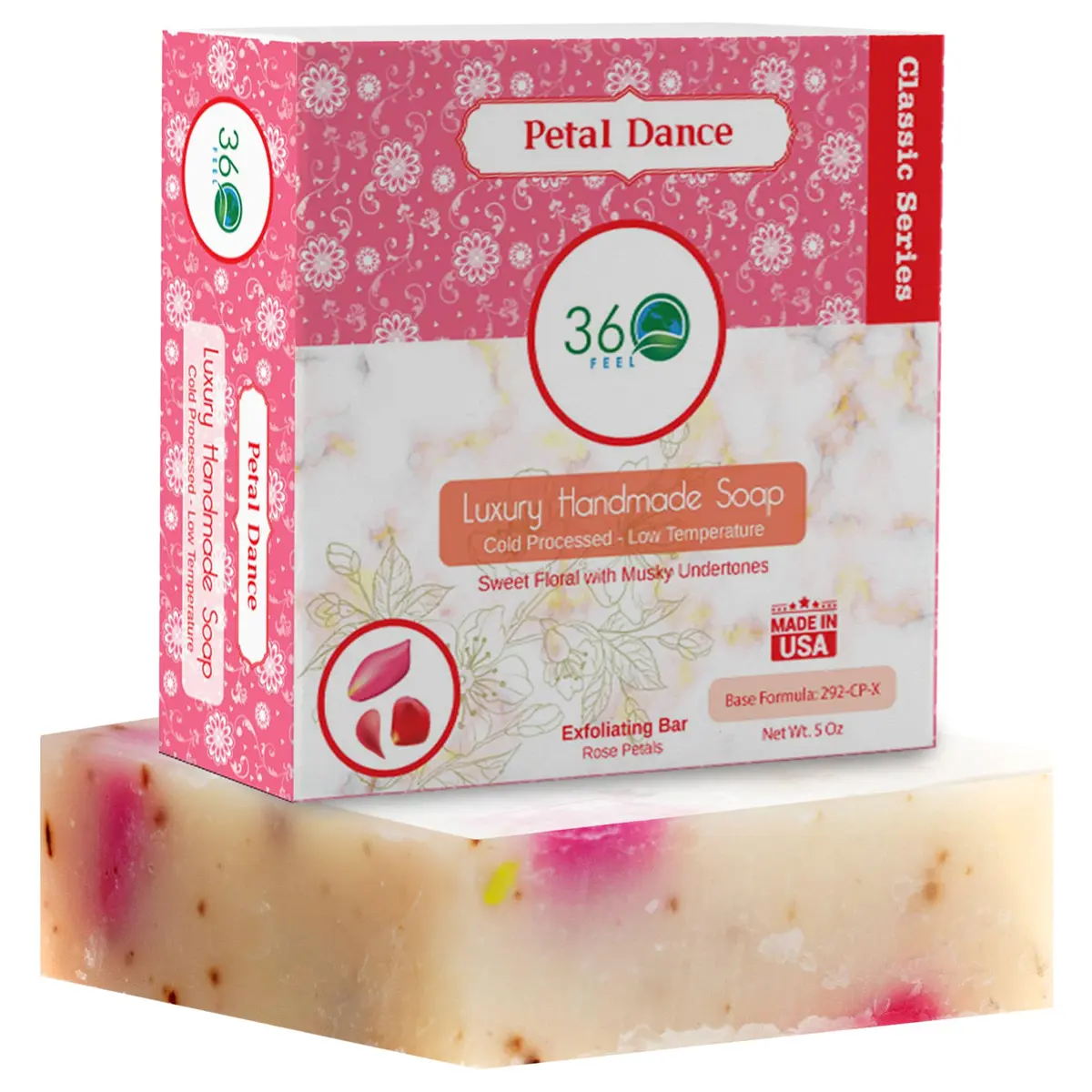 360Feel Floral Handmade Soap Bar 5oz | Exfoliating with Rose Petals & Essential Oils for Sensitive Skin - main product image