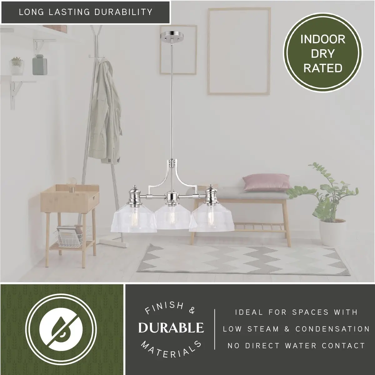 VAXCEL Beloit 3 Light Satin Nickel Farmhouse Chandelier Clear Glass | Modern Country Style - view 5