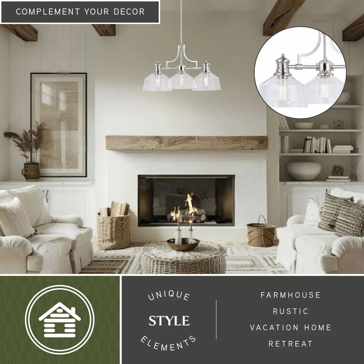 VAXCEL Beloit 3 Light Satin Nickel Farmhouse Chandelier Clear Glass | Modern Country Style - view 2