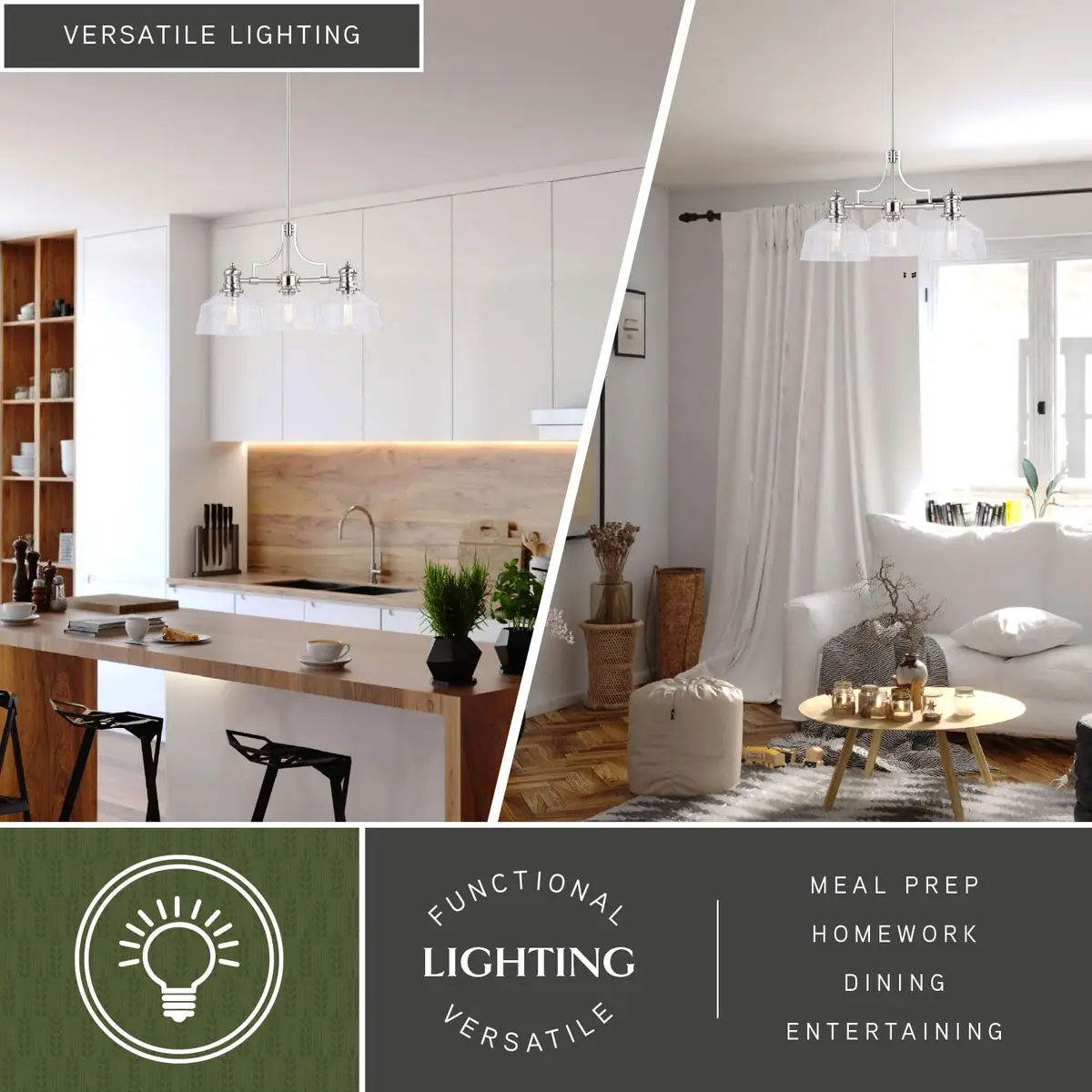 VAXCEL Beloit 3 Light Satin Nickel Farmhouse Chandelier Clear Glass | Modern Country Style - view 3