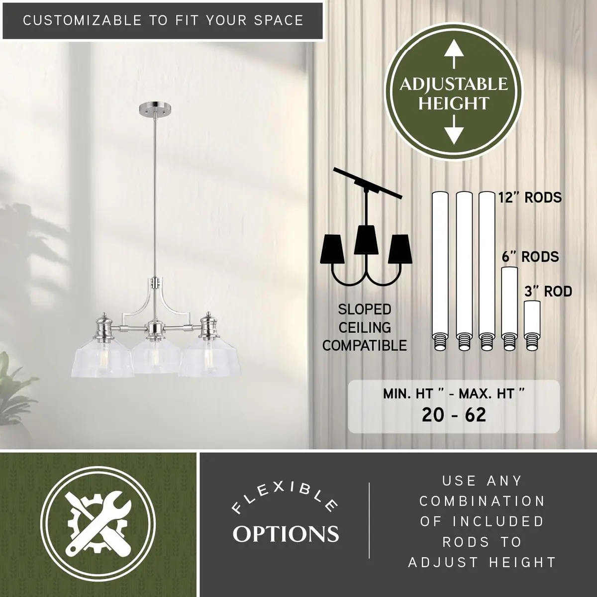 VAXCEL Beloit 3 Light Satin Nickel Farmhouse Chandelier Clear Glass | Modern Country Style - view 4