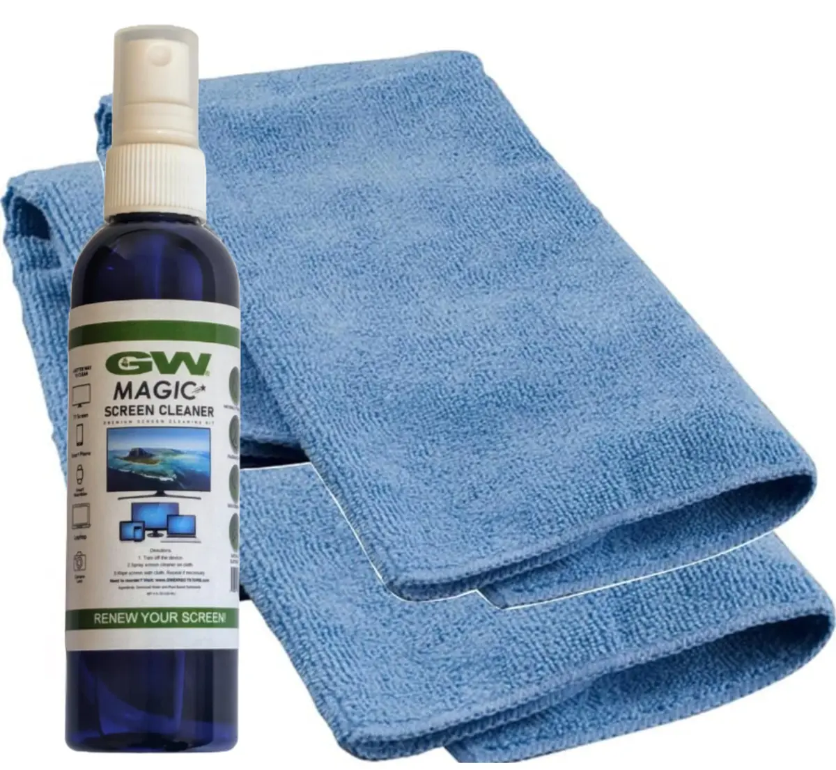 GW Deluxe Magic Screen Cleaner Kit for Ultra HD 4k HDR OLED TV, Laptop and Tablet Screens with 2 Premium Microfiber Cloths and Larger Spray Bottle | Safe, Effective & Large-Size - main product image