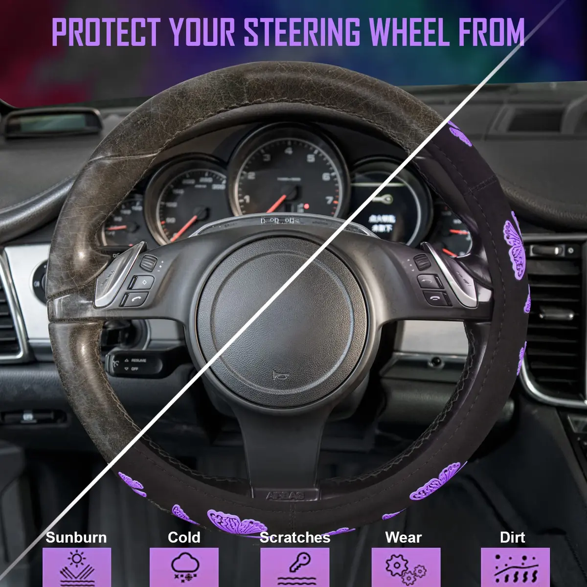 Car Pass Purple Butterfly Steering Wheel Cover 14.5"-15.5" | Superior Grip & Safety for Cars - view 6