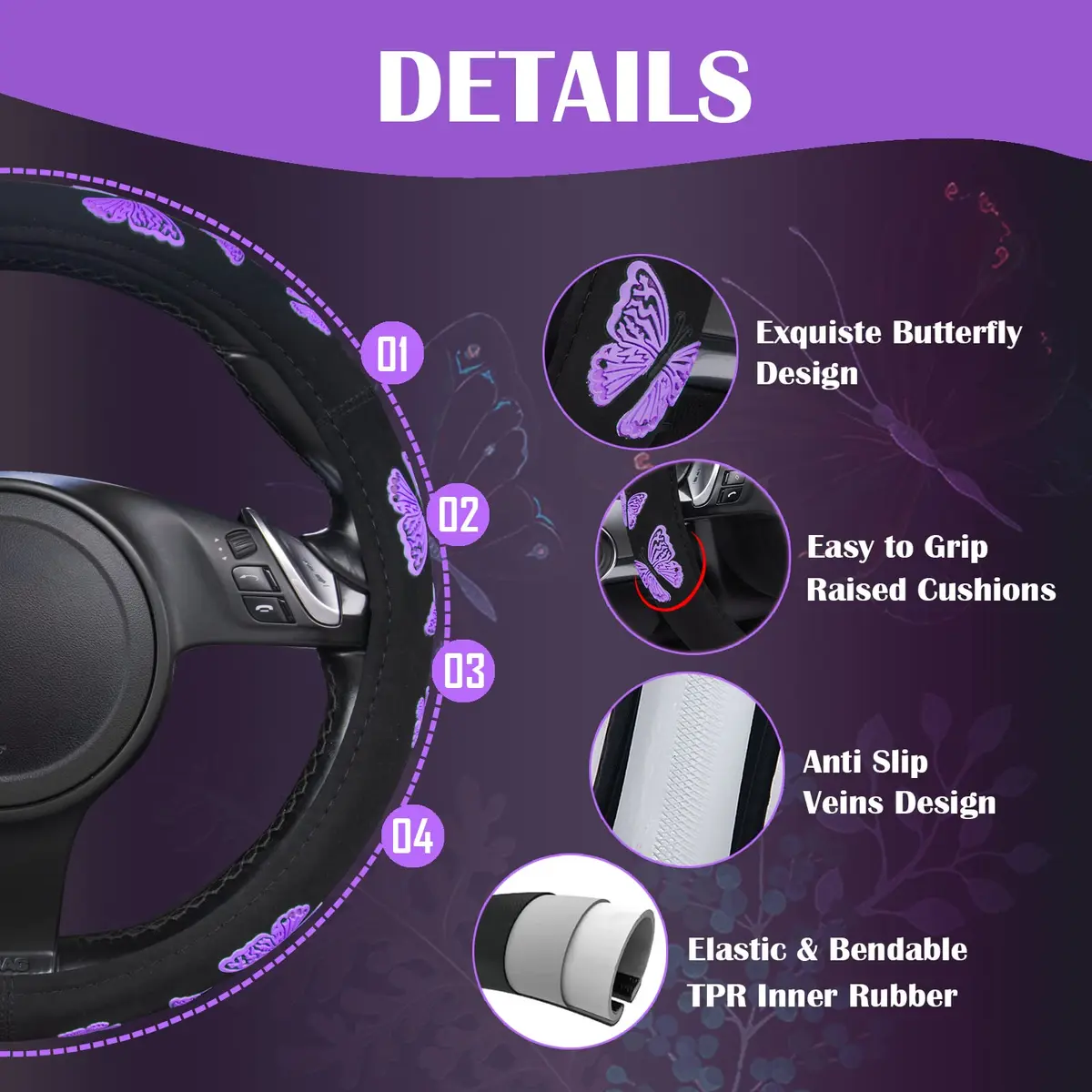 Car Pass Purple Butterfly Steering Wheel Cover 14.5"-15.5" | Superior Grip & Safety for Cars - view 3