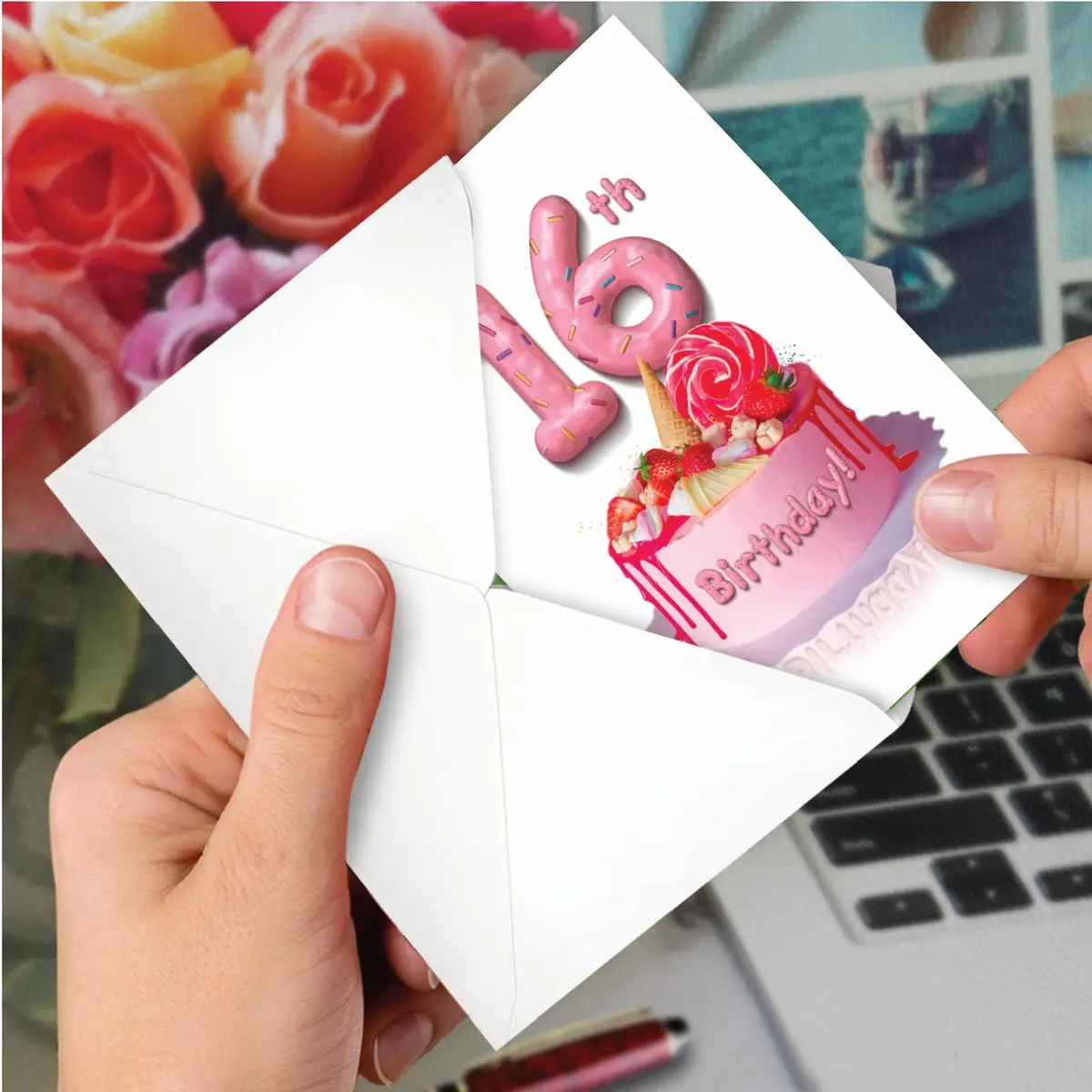 The Best Card Company 16th Happy Birthday Greeting Card with Envelope | Milestone Celebration Cake Design - view 6
