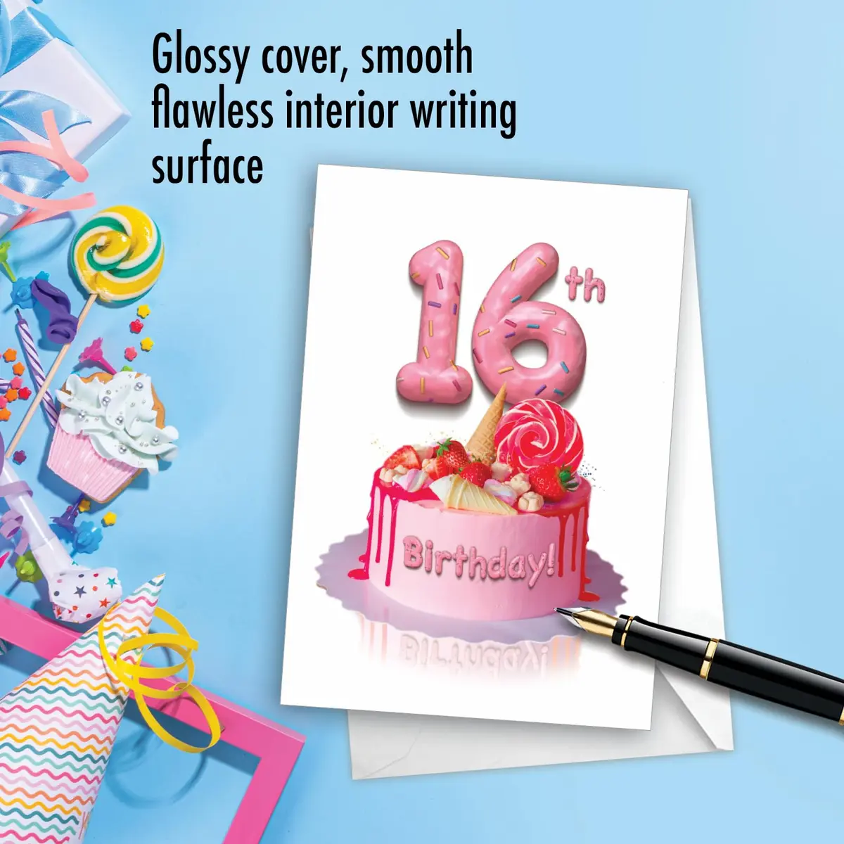 The Best Card Company 16th Happy Birthday Greeting Card with Envelope | Milestone Celebration Cake Design - view 3