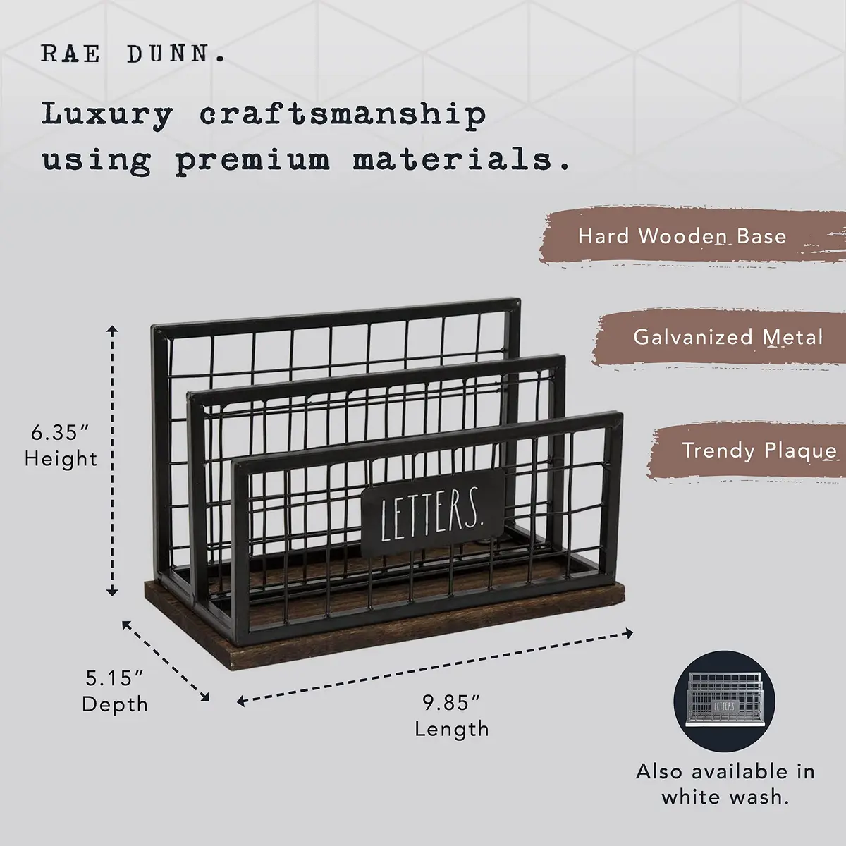 Rae Dunn Desktop Letter Holder – 2 Compartment Mail & Stationary Organizer – Galvanized Steel & Solid Wood, “Letters” Print - view 2