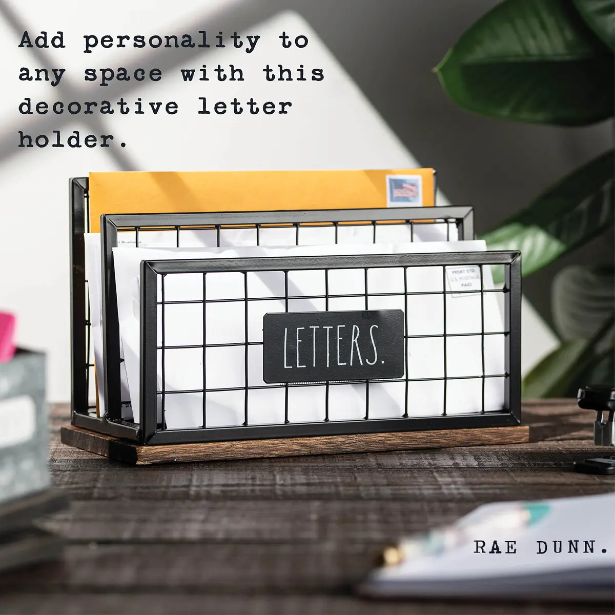 Rae Dunn Desktop Letter Holder – 2 Compartment Mail & Stationary Organizer – Galvanized Steel & Solid Wood, “Letters” Print - view 3