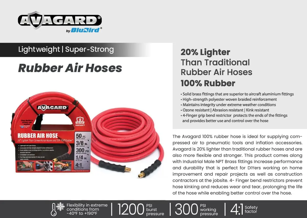 AVAGARD RMX Rubber Air Hose 1/2 Inch x 100 ft | 20% Lighter, Cold-Resistant, 5-Year Warranty - view 3
