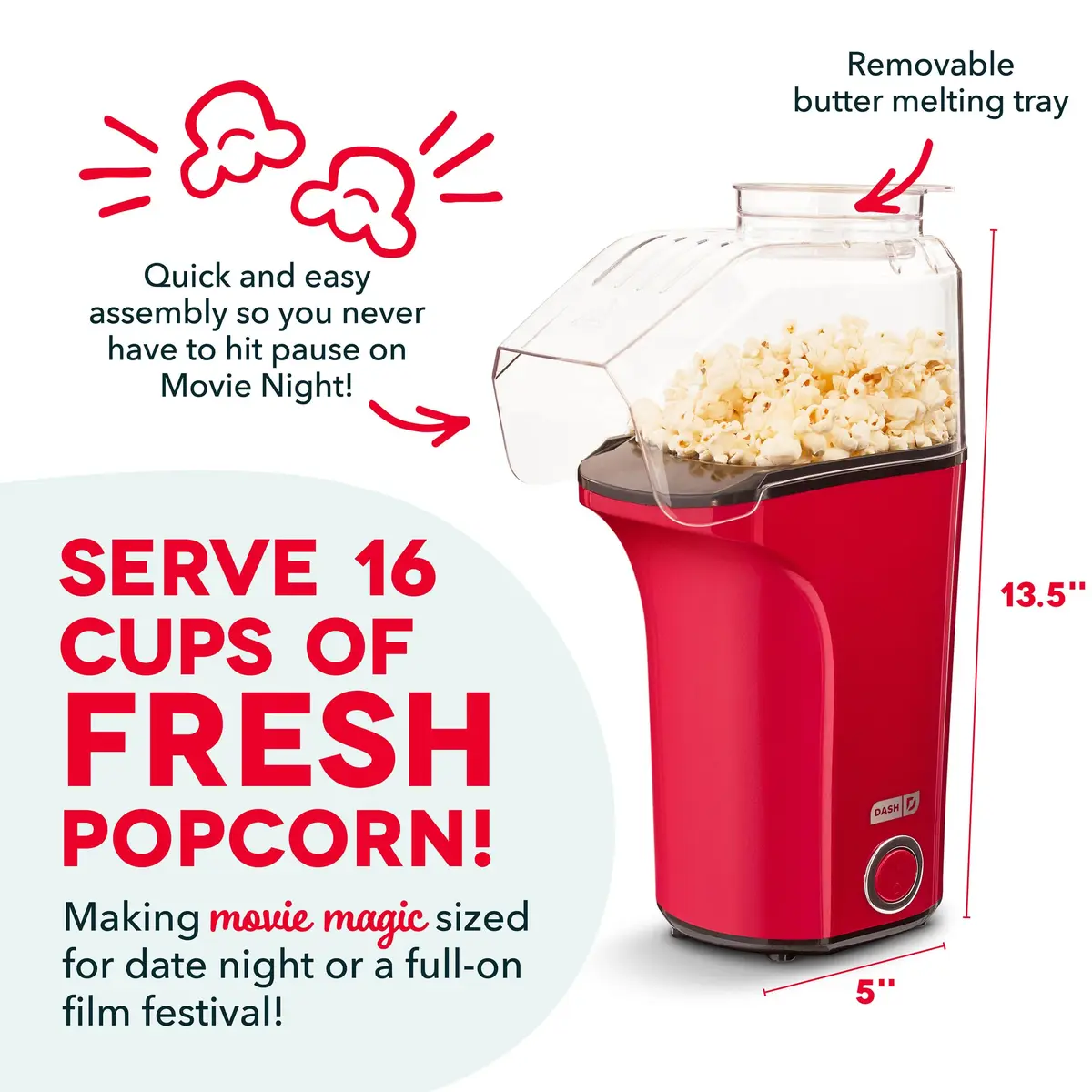 Dash Fresh Pop Popcorn Maker 16-Cup Red | Oil-Free Hot Air Popper for Family & Movie Nights - view 3
