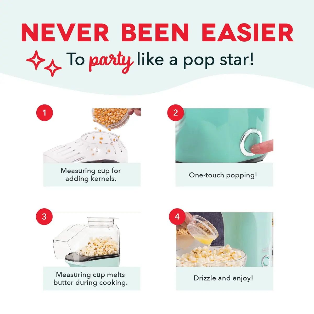 Dash Fresh Pop Popcorn Maker 16-Cup Aqua | Oil-Free Hot Air Popper for Family & Movie Nights - view 5