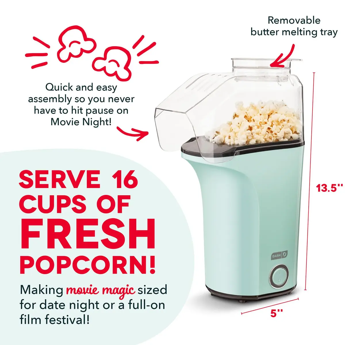 Dash Fresh Pop Popcorn Maker 16-Cup Aqua | Oil-Free Hot Air Popper for Family & Movie Nights - view 3