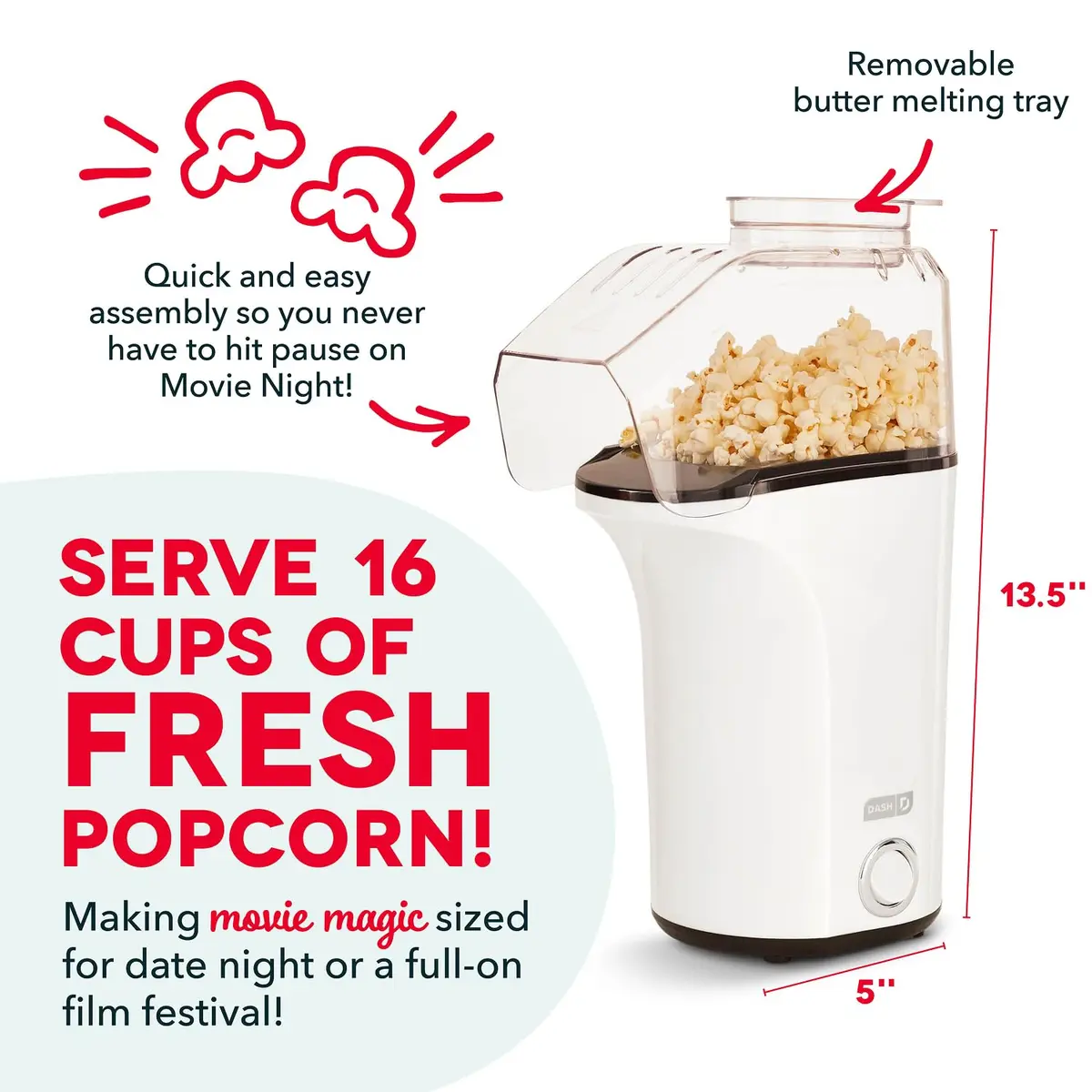 Dash Fresh Pop Hot Air Popcorn Maker, 16-Cup Capacity, White | Oil-Free Electric Popper for Healthy Snacks - view 3