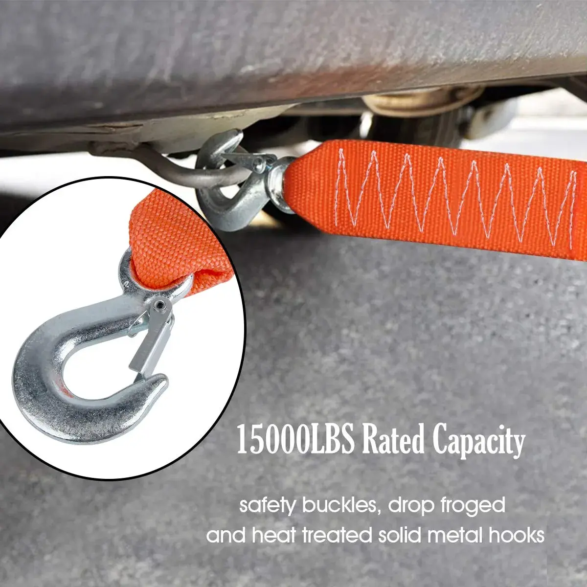 JCHL Heavy Duty Tow Strap with Hooks 2"x20' 15,000LB (6.8 Tons) Recovery Strap | Orange Polyester - view 5