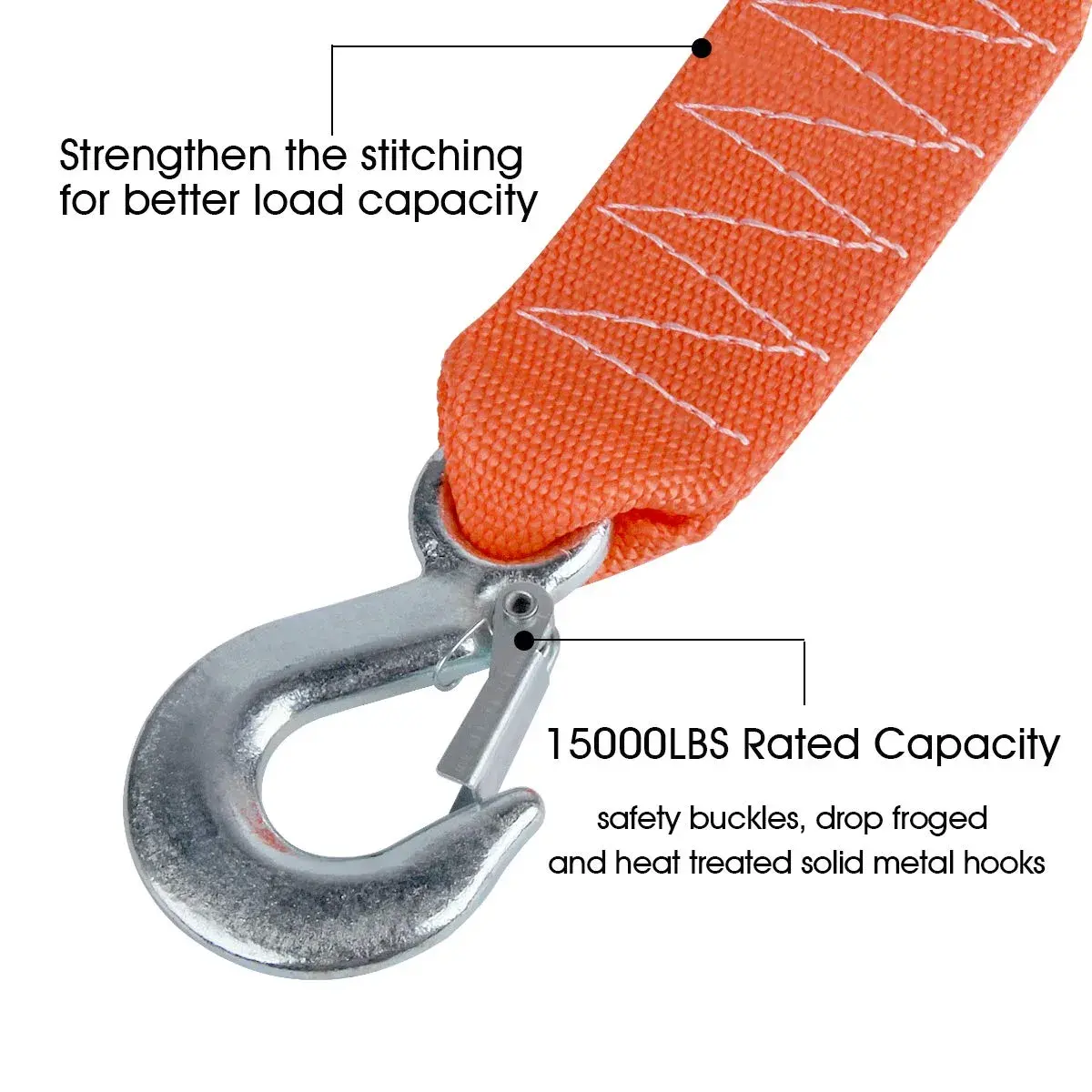 JCHL Heavy Duty Tow Strap with Hooks 2"x20' 15,000LB (6.8 Tons) Recovery Strap | Orange Polyester - view 2