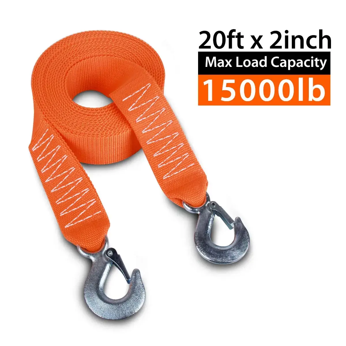 JCHL Heavy Duty Tow Strap with Hooks 2"x20' 15,000LB (6.8 Tons) Recovery Strap | Orange Polyester - view 3