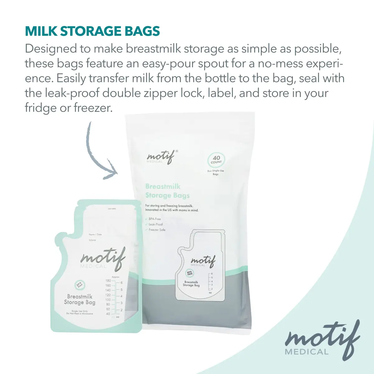 Motif Medical Breastmilk Storage Bags 6 oz (40 Count) | Easy-Pour Spout & Leak-Proof Double Zipper - view 4