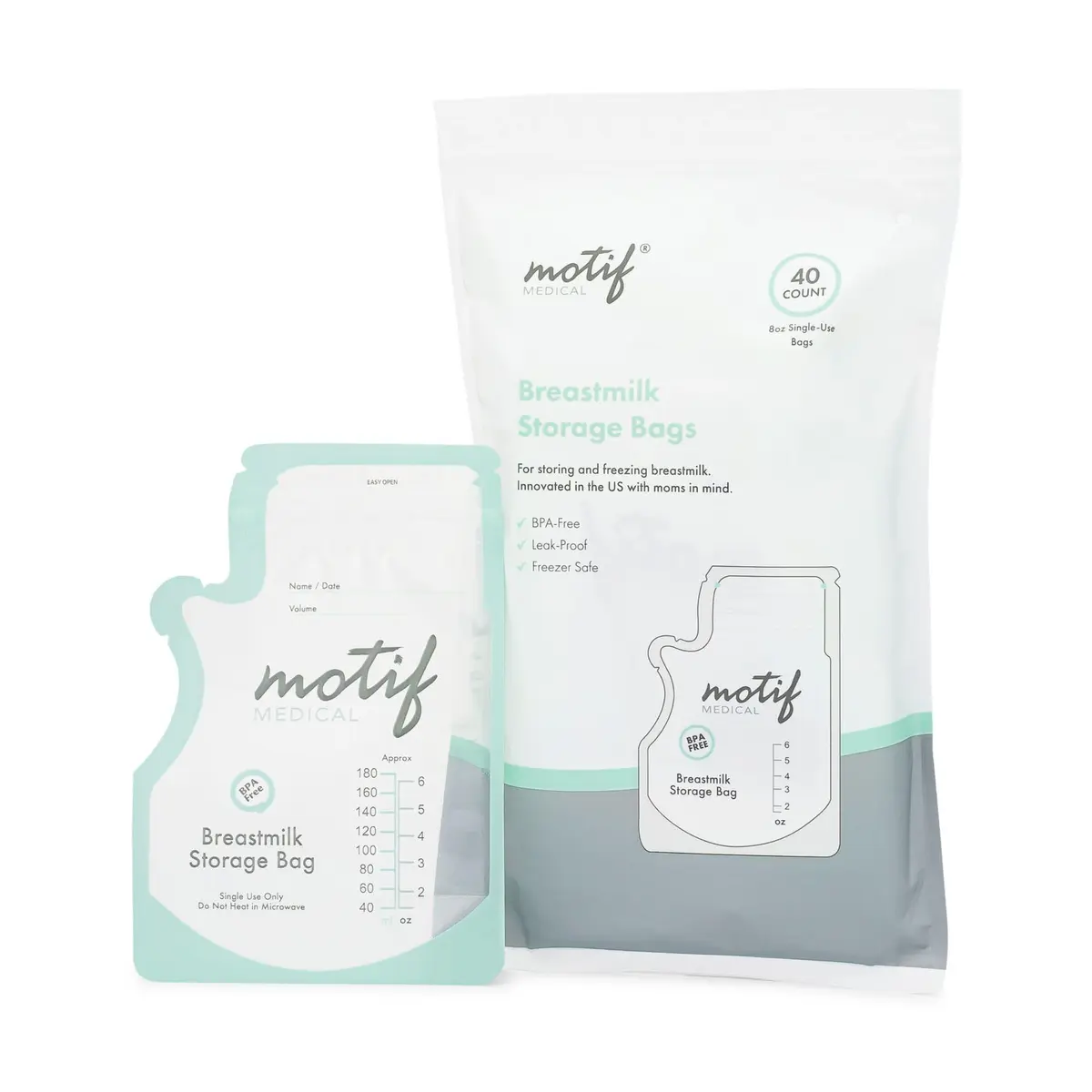 Motif Medical Breastmilk Storage Bags 6 oz (40 Count) | Easy-Pour Spout & Leak-Proof Double Zipper - main product image